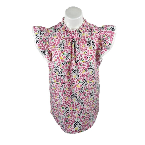 Unbranded Tops - Pink Floral Women Large Blouse Ruffle Neck Multi Color Casual Top NWT